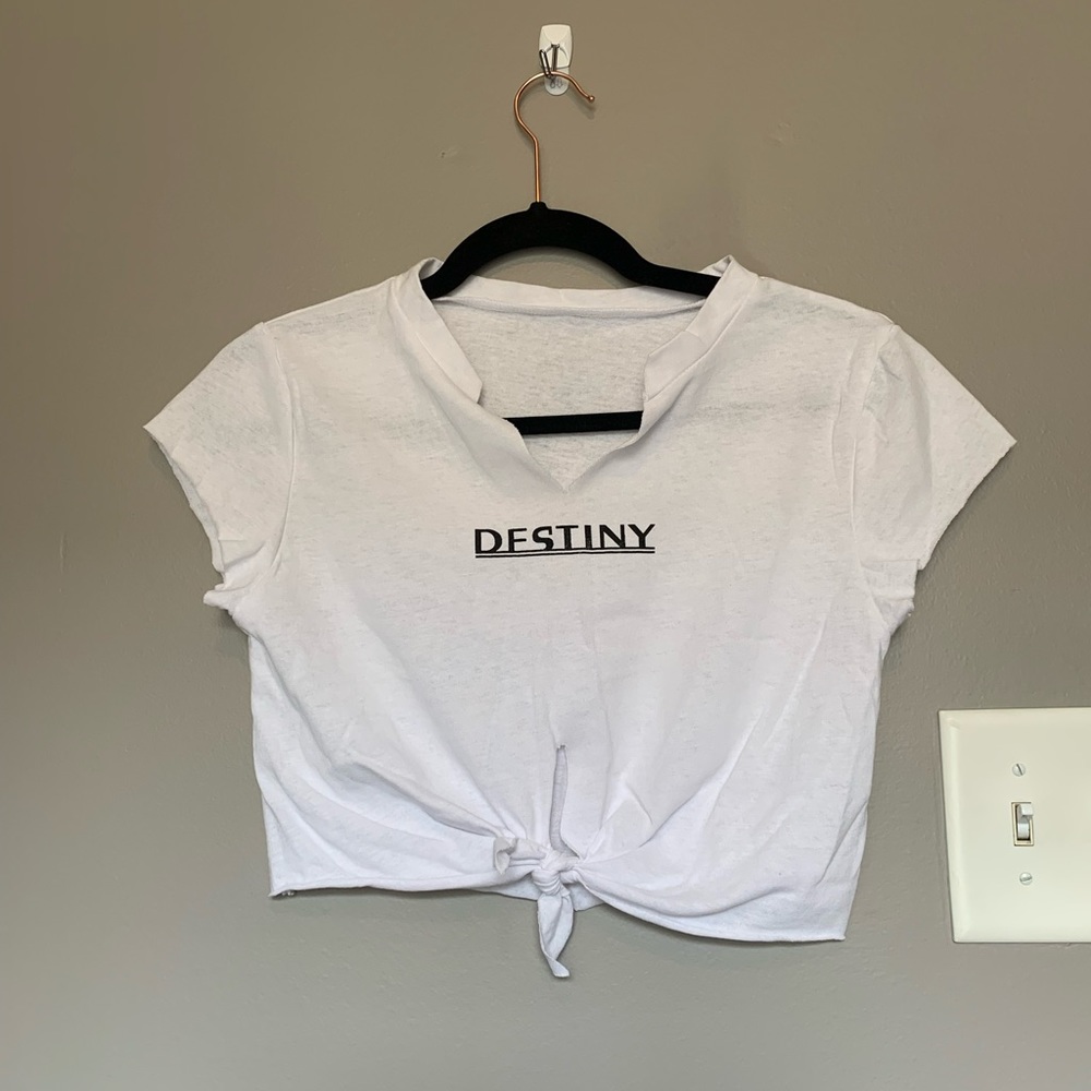 SHEIN Cropped White V-neck Top w Front Tie - Small